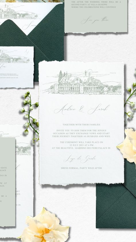 A Customizable and Vintage Fine Art Stationery With a Green Venue Illustration and Elegant Fonts, Inspired from the Old European Weddings. Light Green Wedding Invitations, Sage Green Wedding Invitations, Victorian Wedding Invitations, Embossed Invitations, Wedding Invitations Set, Romantic Vintage Wedding, Wedding Invitations Vintage, Embossed Wedding Invitations, Timeless Wedding Invitations