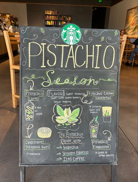 Starbucks Boards Ideas, Pistachio Starbucks, Starbucks Chalkboard Art Pistachio, Oleato Starbucks Sign, Starbucks Community Board Ideas, Starbucks Board Ideas, Starbucks Chalkboard Art, Chalk Art Coffee, Spring Chalkboard Art