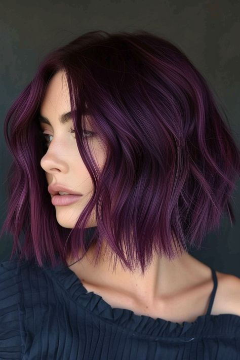 42+ Stunning Midnight Purple Hair Ideas - sfor3 Mauve Purple Hair Color, Burgundy Plum Hair Color Balayage, Purple Hair Color Ideas Short Hair, Purple Lob Hair, Violet Bob Hair, Dark Purple Bob Hair, Short Hair Bold Color Ideas, Purple To Black Hair, Plum Coloured Hair