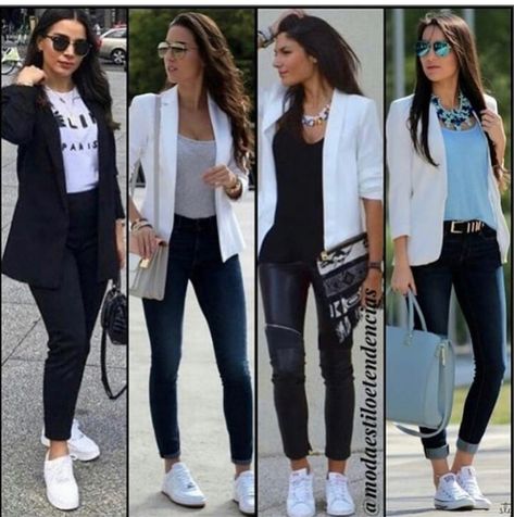 Blazers And Sneakers Women, Outfit Tennis Blancos, Smart Casual Women Outfits, Jeans And T Shirt Outfit, Sports Chic Outfit, White Sneakers Outfit, Sneaker Outfits Women, Outfits Con Jeans, Smart Casual Women