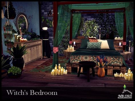 A very atmospheric and magical bedroom perfect for a great witch. Found in TSR Category 'Sims 4 Rooms' Sims 4 Witch Bedroom, Sims 4 Cc Witch Furniture, Witch's Bedroom, Witch Community, Witch Furniture, Witch Living Room, Sims 4 Witch House, Sims Cc Furniture, Witchy Apartment