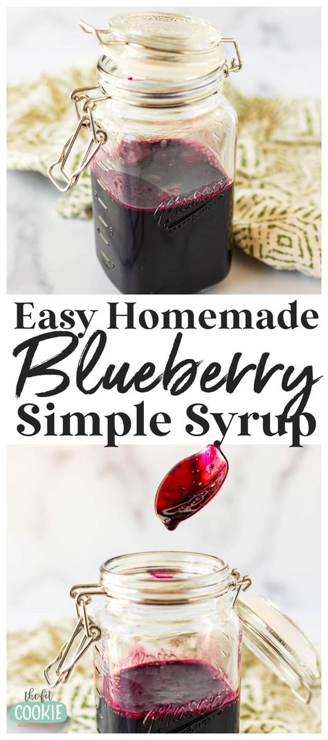 Our recipe for blueberry simple syrup is delicious and easy to make with just a few ingredients. This is delicious mixed into lemonades, matcha lattes, cocktails, or mocktails! | thefitcookie.com Blueberry Latte Syrup, How To Make Blueberry Syrup, Blueberry Simple Syrup Recipe, Chokecherry Syrup, Blueberry Syrup Recipe, Blueberry Drinks, Homemade Blueberry Syrup, Blueberry Simple Syrup, Simple Syrup Recipe