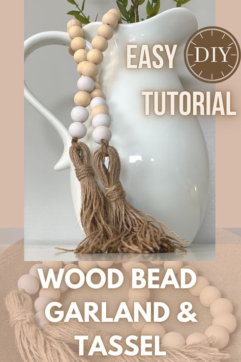 wood bead garland, wooden bead garland, farmhouse garland, wood bead, bead with tassel, tutorial, how to, how to make, diy, decor, farmhouse decor How To Make Wooden Bead Garland With Tassels, Diy Wood Bead Garland With Tassels, Wooden Beads On Mantle, Diy Beaded Garland With Tassels, Wooden Beaded Garland, Bead Strand Decor, How To Make Wooden Bead Garland, How To Make Bead Garland With Tassels, Decorating With Wooden Bead Garland