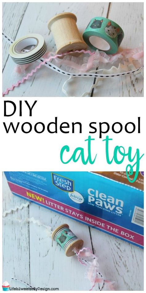 DIY wooden spool cat toy is a quick and easy project. Using a wooden spool, washi tape and ribbon..this is a really cute cat toy! #ad #LoveTheseCleanPaws #DIY #craft #cats Cat Enrichment, Homemade Cat Toys, Diy Cat Toys, Cats Diy Projects, Cat Activity, Wooden Spool, Cleaning Toys, Wooden Spools, Diy Cat