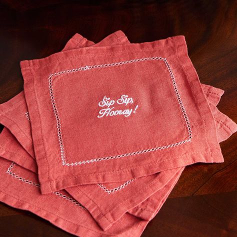 Set of four cocktail napkins, made in Portugal from 100% linen and featuring four cheeky monograms. Cocktail Napkin Design, Napkin Designs Ideas, Monogrammed Napkin, Embroidered Cocktail Napkins, Monogram Cocktail Napkins, Monogrammed Linens, Dinner Club, Linen Cocktail Napkins, Liquid Courage