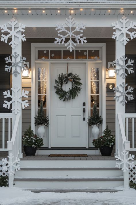 25 Front Porch Christmas Decor Ideas Winter Wonderland Porch Ideas, Winter Front Porch Decor After Christmas, Front Porch Winter Decor Ideas, January Front Porch Decor, Front Porch Winter Decor, Outdoor Christmas Decorations Lights, Reindeer Sculpture, Decorations Lights, Porch Windows