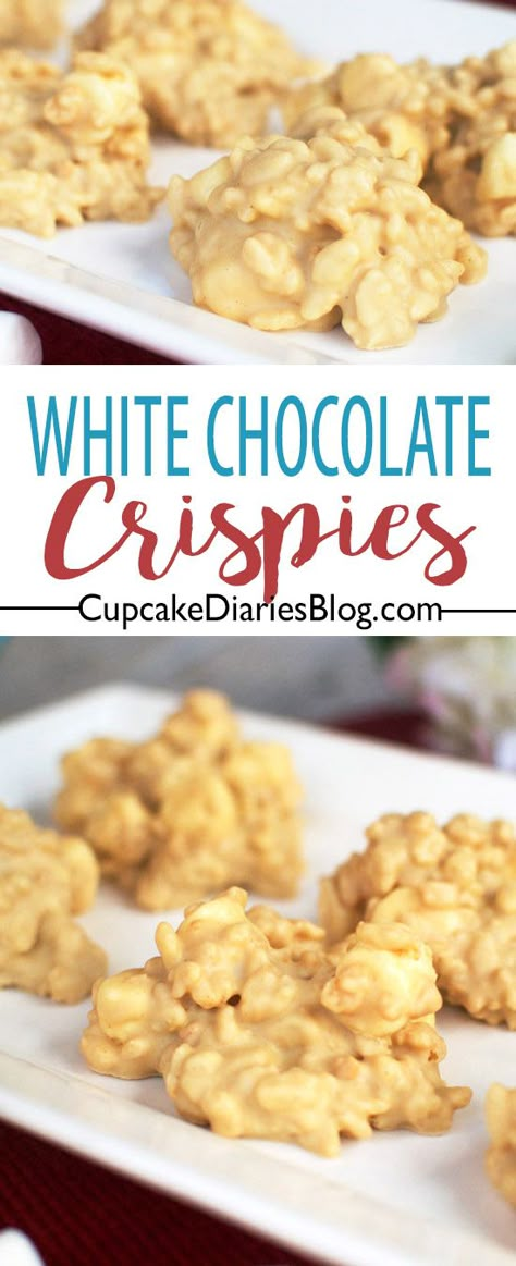 White Chocolate Crispies are loaded with peanut butter and white chocolate goodness. These no-bake treats are perfectly chewy and delicious! Chocolate Rice Crispy Treats, Chocolate Rice Crispy, Peanut Butter Chocolate Cake, Butter Chocolate Cake, Peanut Butter White Chocolate, Xmas Cookie, Party Snacks Easy, Chocolate Peanut Butter Cake, Cereal Snacks