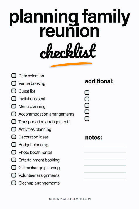 DOWNLOAD HD version by clicking! Ensure a successful family reunion with this comprehensive checklist! From invitations to activities, make sure every detail is covered. #familyreunion #checklist Family Reunion Checklist, Family Reunion Ideas Themes, Family Reunion Ideas Organizing, Engagement Party Checklist, Reunion Checklist, Class Reunion Planning, Family Reunion Themes, Step Challenge, Family Reunion Activities