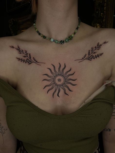 Neotraditional Mandala Tattoo, Small Womens Chest Tattoo, Flower Chest Tattoo Female Upper, Lavender Chest Tattoo, Sun On Chest Tattoo, Chest Line Tattoo, Witchy Collar Bone Tattoo, Symmetrical Chest Tattoo Female, Sun Tattoo On Chest