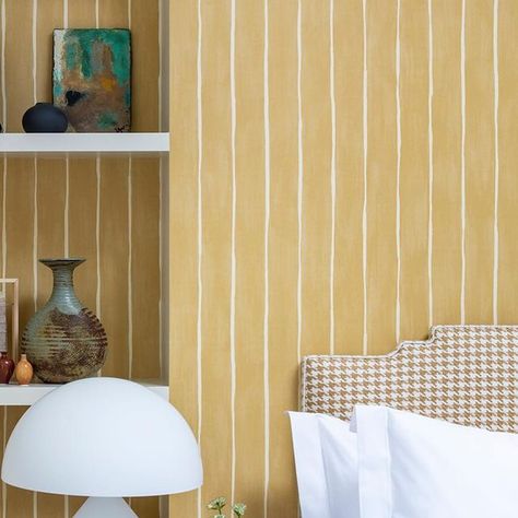 The English Home magazine on Instagram: "Our pick for today’s #wallpaperwednesday is @cole_and_son_wallpapers’ Marquee Stripes in Ochre which lends an elegant backdrop to inset shelving in this bedroom scheme by @kitesgrove - as seen in our September issue!

📸 markboltonphoto

#englishhome #englishinteriors #bedroomwallpaper #stripedwallpaper #wallpaperinspiration #yellowbedroom #bedroomsideas" Elegant Backdrop, English Home, Yellow Bedroom, Home Magazine, English House, Inspirational Wallpapers, Striped Wallpaper, Boys Bedroom, Cole And Son