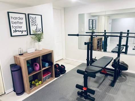 Small Workout Area In Basement, Basement With Workout Area, Exercise Corner, Small Space Workout Area, Home Workout Space Ideas, Gym Setup At Home, Apartment Workout Space, Workout Area In Basement, Diy Home Gym Basement