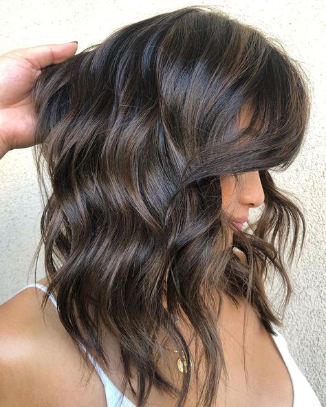 Dark Brunette Summer Hair 2023, Dark Brown Hair Lowlights, Dark Chocolate Brown Hair With Lowlights, Dark Brown Bayalage Hair, Sunkissed Hair Brunette Dark, Dark Dimensional Hair Brunettes, Dark Hair With Dimension, Dimensional Brunette Dark, Brown Bayalage Hair