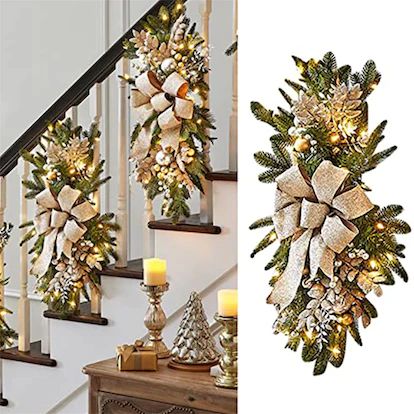 The Best Christmas Decor at Walmart Stairway Swag, Christmas Door Hangings, Handmade Christmas Wreaths, Swag Christmas, Christmas Lights Garland, Christmas Staircase, Christmas Wreaths & Garlands, Christmas Swag, Artificial Christmas Wreaths