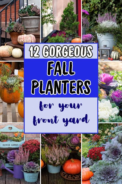 12 Gorgeous Fall Planters For Your Front Yard Autumn Outdoor Decor, Fall Planter Ideas, Cute Front Porch, Mums And Pumpkins, Licorice Plant, Mums In Pumpkins, Planters Ideas, Summer Planter, Ornamental Cabbage