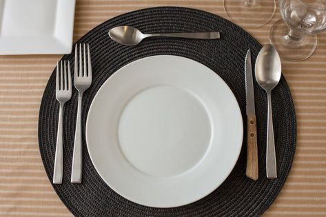 Utensils are generally arranged according to the order that they will be used. Utensils used first sit at the extreme edges of the setting, and later utensils are closer to the center. Salad is served before dinner, so the salad fork is the left-most fork. Table Setting Etiquette, Set A Table, Steak Knife Set, Steak Knife, Tea Glasses, Salad Fork, Dinner Fork, Dessert Spoons, Steak Knives