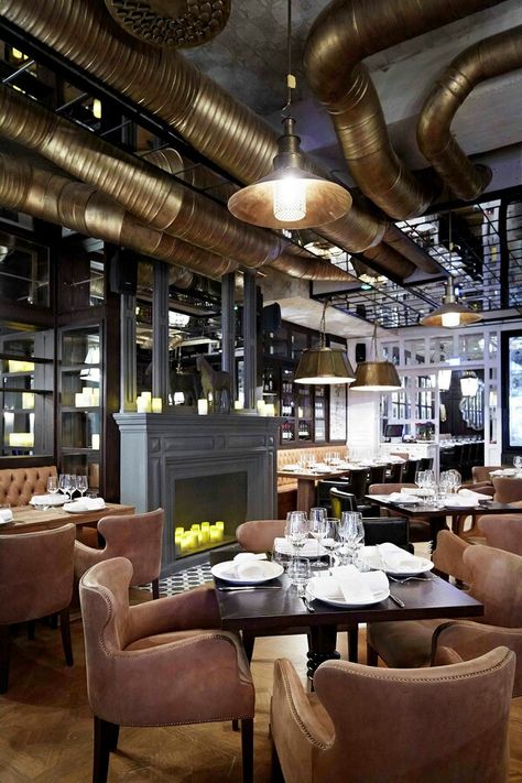 Exposed ductwork at a restaurant. Newly trending! #CityTrends #DuctWork Hotel Stockholm, Industrial Restaurant, Pub Design, Design Café, Loft Interior, Lobby Bar, Cocktail Lounge, Retro Interior, Hospitality Design