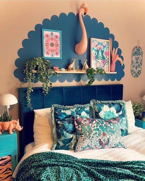 Quirky Interior Design Bedroom, Painted Bedhead Wall, Bedroom Painted Headboard, Painted Apartment Walls, Mural Accent Wall Bedroom, Colourful Small Bedroom, Painted Wall Accent, Painted On Headboard, Fun Bedroom Colors