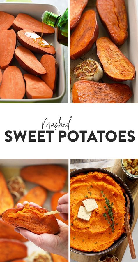 Mashed sweet potatoes are a silky smooth, buttery side made with roasted sweet potatoes, a whole head of garlic, and a little Greek yogurt. Healthy Mashed Sweet Potatoes, Vegan Mashed Sweet Potatoes, Mashed Sweet Potatoes Healthy, Cleansing Recipes, Sweet Potato Recipes Mashed, Sweet Potato Side Dish, Sweet Potato Sides, Sweet Potato Dishes, Clean Eating Vegetarian