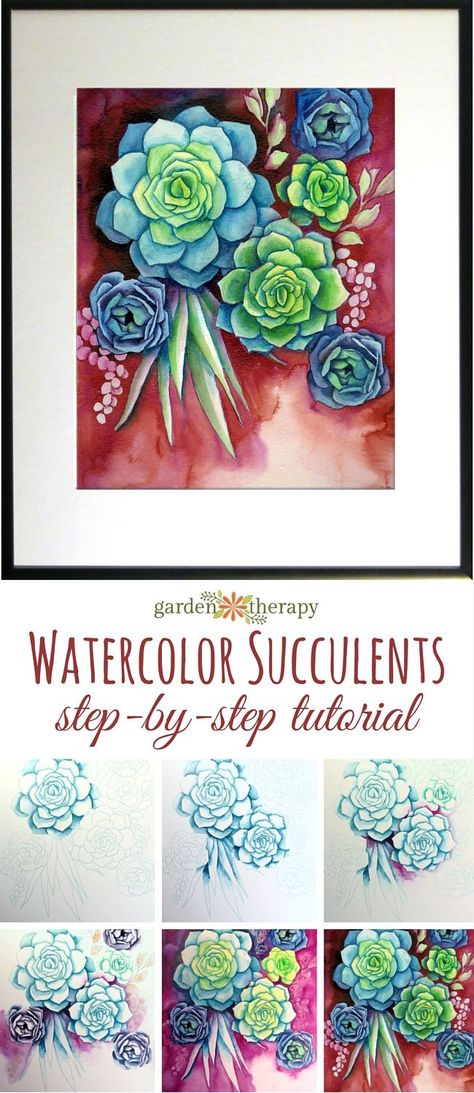 Step by step instructions for how to make this watercolor succulents painting with a downloadable pattern Succulents Drawing, Succulent Painting, Paintings Easy, Step By Step Watercolor, Watercolor Succulents, Succulent Art, Garden Watercolor, Watercolor Paintings Easy, Diy Watercolor