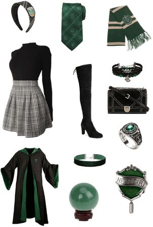 Slytherin Casual Outfits, Slytherin Halloween Costume Women, Harry Potter Outfit Ideas Slytherin, Harry Potter Uniform Slytherin, Slithering Outfits, Slytherin Outfit Uniform, Slytherin Outfit Girl, Harry Potter Outfits Slytherin, Hogwarts Outfits Slytherin