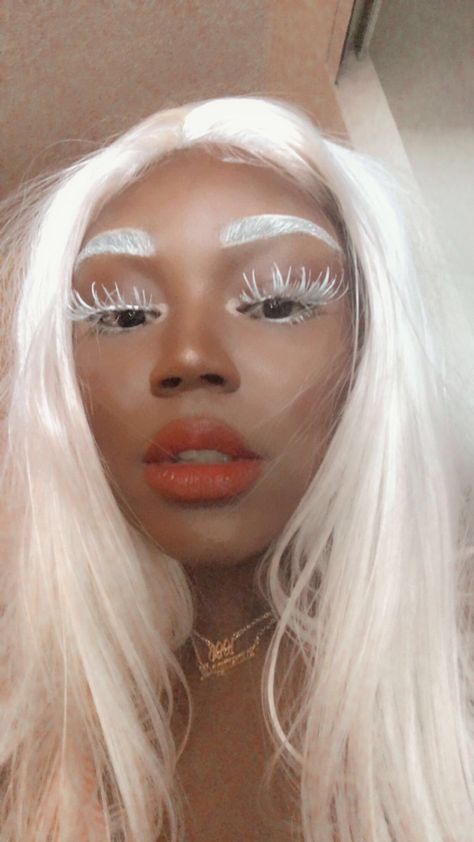 White wig, white lashes, white eyebrows Black And White Eyebrows, White False Eyelashes, White Eyelashes Makeup Look, White Eyebrows Aesthetic, White Tears Makeup, White Hair White Eyebrows, White Hair And Eyebrows, White Eyelash Makeup, White Makeup Black Women