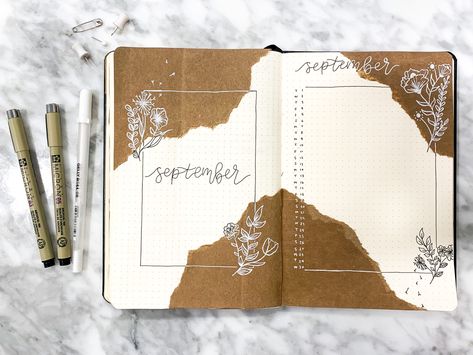 Brown Paper Bullet Journal Theme, flower and folige theme, white ink/white pen, Monthly Page Brown Pages Journal, Brown Bujo Theme, White Journal Ideas, Brown Journal Aesthetic, Brown Journal Ideas, Brown Paper Journal, Vintage Aesthetic Journal, Brown Journal, Journal Brown