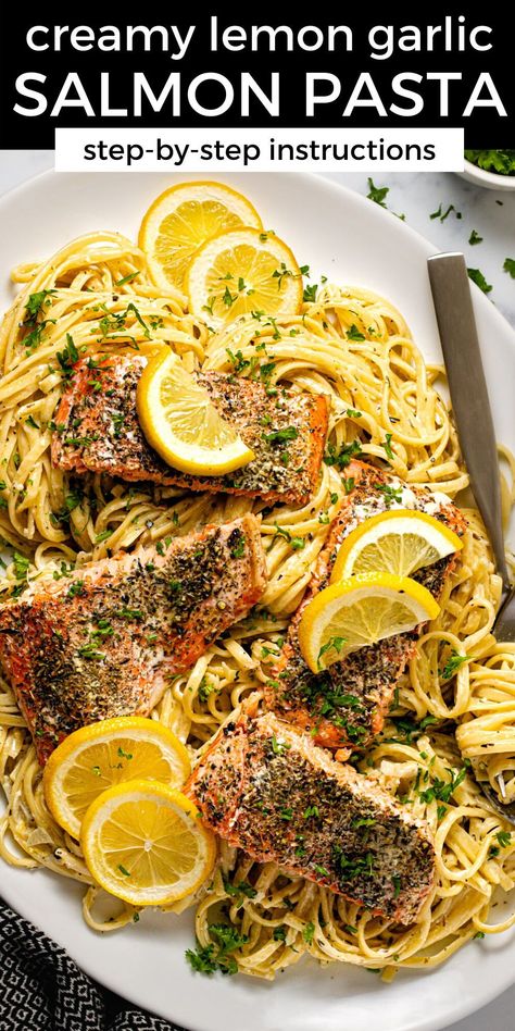 This creamy lemon garlic salmon pasta recipe comes together in just 30 minutes from start to finish and requires only 8 simple ingredients! The flaky and tender roasted salmon pairs perfectly with the cooked linguini and simple herb lemon cream sauce. Garlic Salmon Pasta, Salmon Pasta Recipe, Creamy Salmon Pasta, Salmon Pasta Recipes, Lemon Cream Sauce, Herb Salmon, Creamy Salmon, Lemon Garlic Salmon, Lemon Garlic Pasta