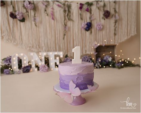 Cake Smash Purple Theme, Purple One Year Old Birthday Party, Purple Smash Cake Photoshoot, First Birthday Butterfly Theme Photoshoot, Violet First Birthday Party, Lavender Smash Cake, Purple First Birthday Photoshoot, Purple 1st Birthday Cake, First Birthday Purple Theme