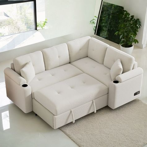 87.4'' L-Shape Pull-out Convertible Sofa Bed With USB Ports - Bed Bath & Beyond - 39859863 Cute Pull Out Couch, L Shaped Beds, Apartment Couch, L Shaped Sofa Designs, Couch Ideas, Cabin Retreat, Pull Out Sofa Bed, Morning Room, L Shaped Couch