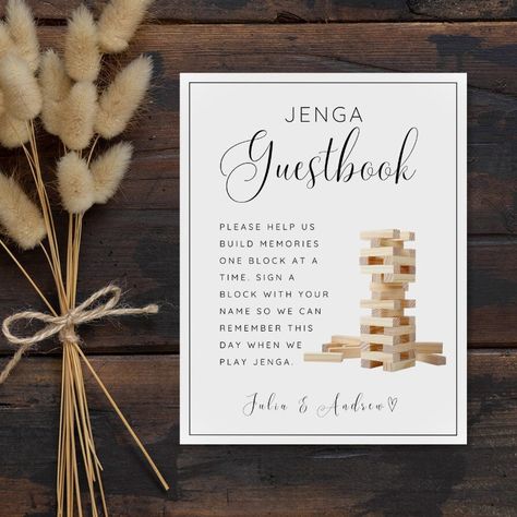 Use code BUNDLE30 to save 30% off when you purchase 3 or more items! Welcome to our Etsy shop! Add a unique and interactive touch to your wedding reception with our Jenga Guest Book Sign. This printable wedding guest book sign is designed to complement your Jenga guest book, creating a memorable and personalized experience for your guests. Simply download our Jenga Guestbook Sign Template on Canva and print it to display at your wedding venue. The sign beautifully instructs your guests to write their well wishes and advice on the Jenga blocks, creating a meaningful keepsake that you can enjoy for years to come. The Jenga sign serves as a charming reminder for guests to participate in this fun and interactive guest book activity. Let our Jenga Guest Book Sign be the perfect addition to your Personalized Jenga Blocks, Wedding Jenga Guest Book, Jenga Wedding Guest Book Sign, Wishing Well Sign Wedding, Jenga Guest Book Sign, Guest Book Jenga, Interactive Wedding Ideas, Jenga Wedding Guest Book, Wedding Jenga