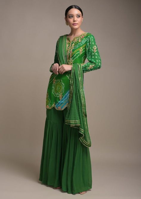 Mayra Function Dress, Bandhani Sharara, Bandhani Dresses, Blue Sharara Suit, Green Sharara Suit, Lucknowi Suits, Mehandi Outfits, Blue Sharara, Green Sharara