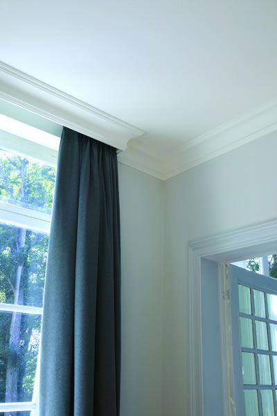 Linear Cornice | ukhomeinteriors Curtain Box, Curtain Pelmet, Cortina Roller, Curtains Living Room Modern, Cornice Design, French Door Curtains, Ceiling Curtains, Living Room Decor Gray, House Ceiling Design