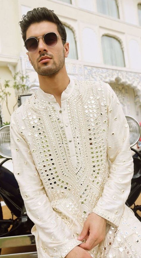 Work Men Outfit, Mirror Work Kurta For Men, Men Wedding Kurta, Sheesh Mahal, Nerd Boyfriend, Dress Stitching, Indian Wedding Clothes For Men, Mens Indian Wear, Wedding Kurta