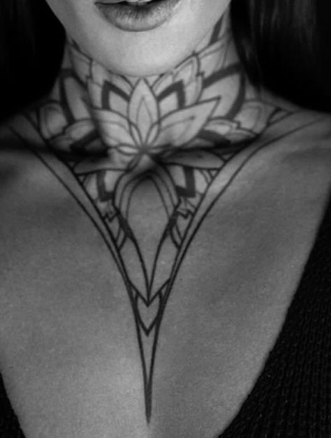 Choker Tattoo Neck, Lotus Flower Throat Tattoo, Women's Neck Tattoo Design, Neck Tattoos Women Mandala, Lotus Throat Tattoo, Chest Women Tattoo, Full Neck Tattoos Women, Neck Mandala Tattoo, Throat Tattoos Women Simple