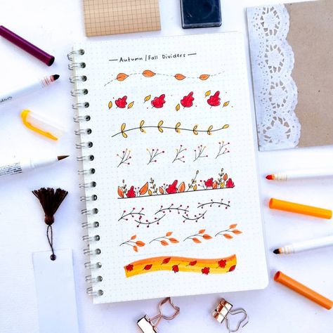 Calligraphy by Isabelle on Instagram: “🍂 Divider/Border Ideas: Autumn Theme ✨ [swipe to see the video] . . 🍂 follow me on tiktok: @calligraphy_isabelle . . mats used: b5…” Borders Bullet Journal, Autumn Bullet Journal, Autumn Border, Bullet Journal Dividers, Instagram Divider, Fall Borders, Bullet Art, Bujo Doodles, Doodle Borders