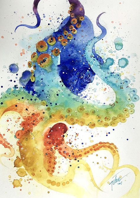 Octopus watercolour A3 original painting by Tilen Ti Watercolor Octopus, Watercolor Turtle, Watercolour Animals, Tattoo Watercolor, Octopus Tattoo, Animals Art, Sea Painting, Watercolor Art Lessons, Sea Creature