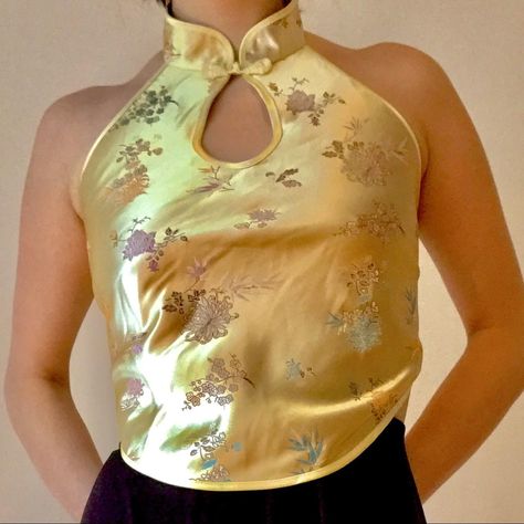 Chinese crop top Gold y2k silk reversible knot style... - Depop Custom Top, Totally Spies, Embroidery Floral, Traditional Chinese, Silk Top, Floral Embroidery, Fashion Ideas, Sewing Projects, Sleeveless Top