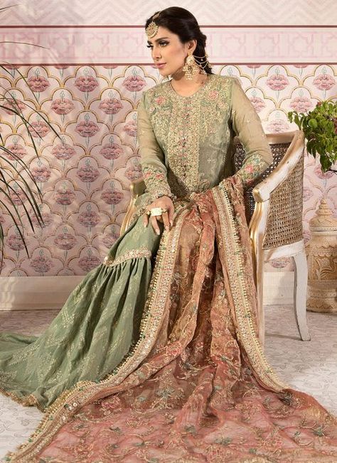 Pistachio Green and Salmon Pink Embroidered Pakistani Gharara Suit Chiffon Gharara, Green Gharara, Pink Gharara, Pastel Wedding Dresses, Suits Pakistani, Pakistani Designer Clothes, Pakistani Salwar, Fancy Suit, Organza Sleeves