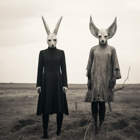 Dark Magic Costume, Scary Butcher Costume, Donnie Darko Makeup, Creepy Bunny Costume, Surreal Art Ideas, Halloween Creepy Costumes, Folk Horror Aesthetic, Halloween Fashion Photography, Samhain Costume