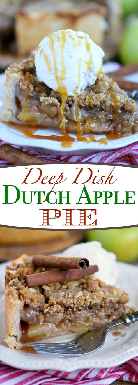 Deep Dish Dutch Apple Pie is loaded with a spiced apple filling and topped with a crunchy, sweet, pecan streusel topping. Best served with a big scoop of vanilla ice cream and caramel sauce. This is THE dessert for the fall season! | Mom On Timeout Pecan Streusel Topping, Deep Dish Apple Pie, Dutch Apple Pie Recipe, Homemade Apple Pie Filling, Mom On Timeout, Dutch Apple Pie, Dutch Apple, Best Pie, Homemade Apple Pies