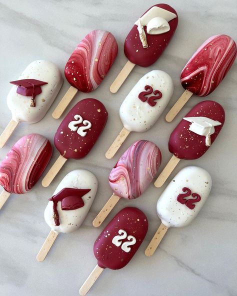 Cakesicles Ideas For Wedding, Bachelorette Party Treats Desserts, Cakesicles Design, Graduation Cakecicle, Red And White Cakesicles, Graduation Cake Popsicles, Cake Pop Popsicles, Cakesicles Flavors, Cakesicle Designs