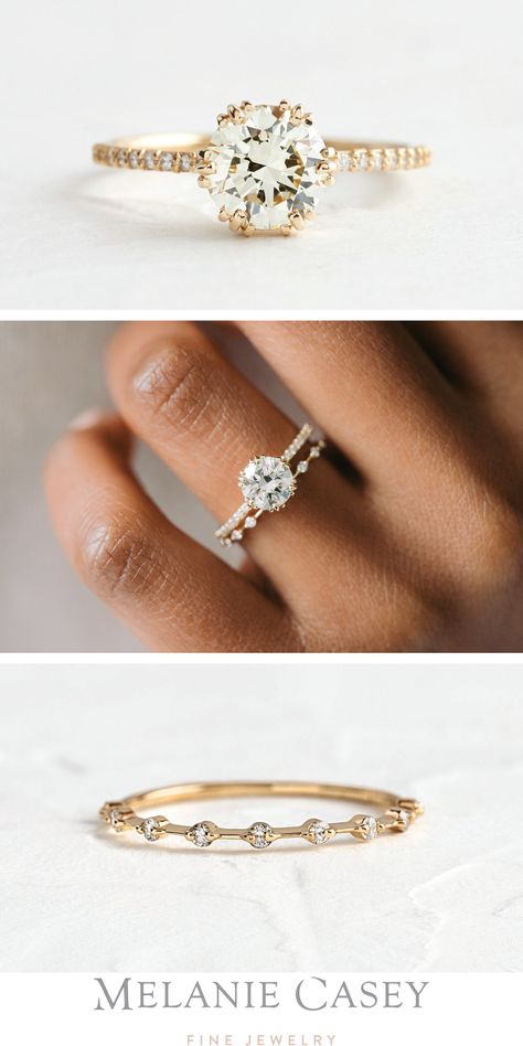 Gold Wedding Band With White Gold Engagement Ring, Simple Wedding Sets Rings, Round Diamond Engagement Rings With Wedding Band, Distance Band Engagement Ring, Round Ring With Diamond Band, Wedding Ring With 2 Bands, Engagement Ring Pairing Wedding Set, Mismatched Engagement Ring And Band, Mixing White Gold Engagement Ring With Yellow Gold Wedding Band