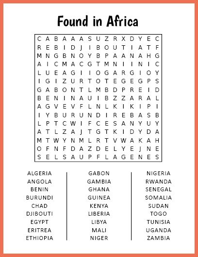 Free Printable Found in Africa Word Search Africa Word Search, Large Print Word Search, Word Search Puzzles Printables, Free Printable Word Searches, Nursing Home Activities, Word Search Printables, Word Puzzle, Childcare Activities, Word Search Puzzles