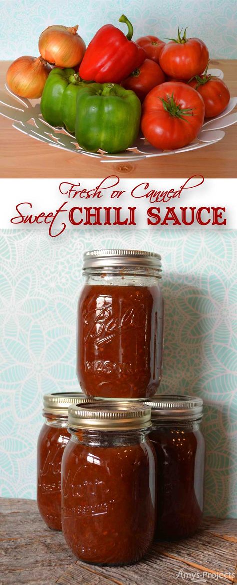 Delicious recipe for fresh or canned sweet chili sauce. We love chili sauce on our meatloaf and in baked beans. Canned Sweet Chili Sauce, Chili Relish Recipe, Canning Chili Sauce Recipe, Tomato Chili Sauce Recipe, Canned Chili Sauce Recipe, Canning Chili Sauce, Chinese Chili Sauce Recipe, Chili Sauce Recipe Canning, Canning Chili