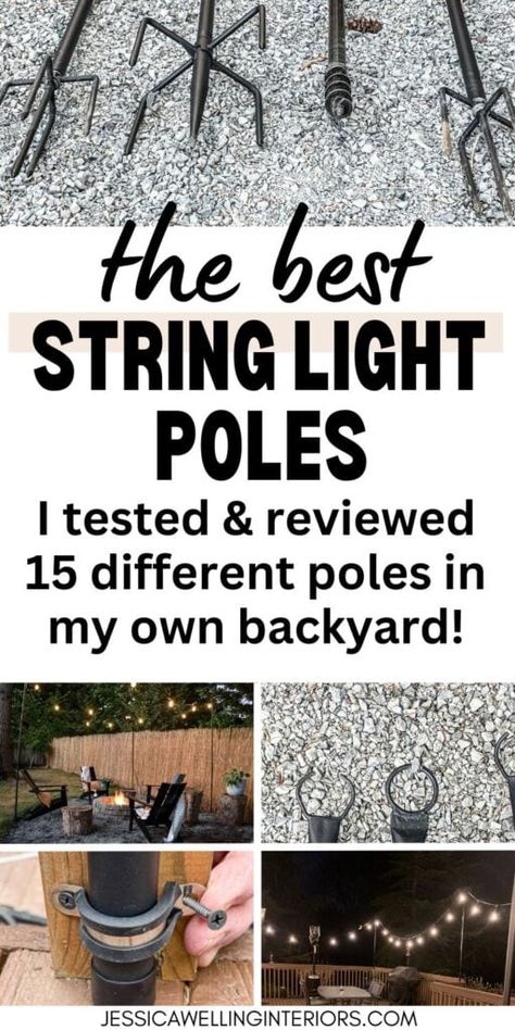 I bought and tested 15 different ready-made string light poles to find the best posts for every location- patios, grass, deck railings, fences, gravel, etc. Hanging Lights In Backyard, Deck String Lights, String Light Poles, Backyard String Lights, Patio Railing, Outdoor Curtains For Patio, Diy String Lights, Hanging String Lights, Backyard Garden Landscape