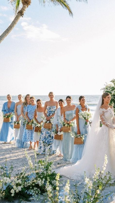 Beach Bridesmaid Dresses Blue, Wedding Beach Bridesmaids, Blue And Tan Beach Wedding, Beach Wedding Light Blue, Beach Wedding Bridal Party Colors, Blue Coastal Wedding Theme, Beach Wedding Bridesmaid Dresses Blue, Beach Wedding Party Attire Color Schemes, Blue Beach Wedding Theme