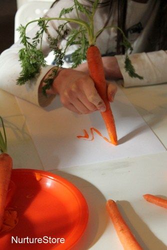 Easter art with carrots, spring writing activity, sensory writing, spring mark making idea Easter Early Years Activities, Autumn Vegetables Craft Kids, Eyfs Plants And Growing, Planting And Growing Eyfs Activities, Food Topic Eyfs, Growing Eyfs Activities, Eyfs Growing Topic, Harvest Eyfs Activities, Planting Eyfs