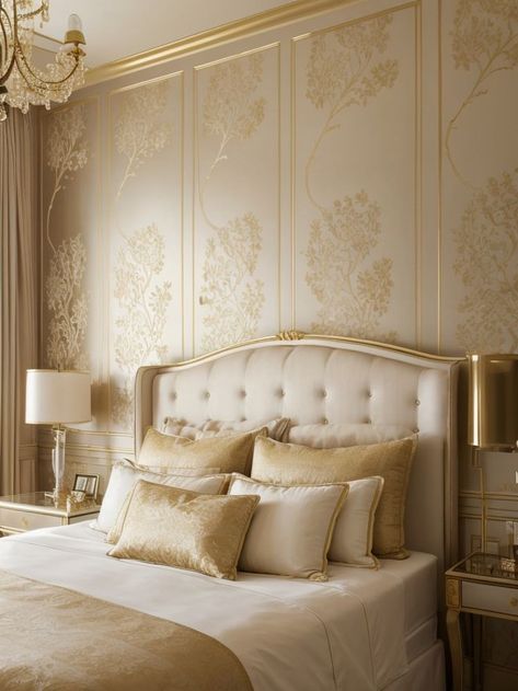 Create an elegant bedroom accent wall using peel-and-stick wallpaper in a luxurious floral design. Pair it with a chic tufted headboard and complement the look with golden wall sconces for a truly luxurious feel. Elegant Accent Wall, Gold Wallpaper Bedroom, White Gold Bedroom, Bedroom Accent Wall, Luxury Bedroom Interior, Wooden Roof, Gold Bed, Golden Wall, Gold Bedroom