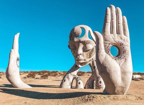 This Enigmatic 28ft Sculpture Has Landed In A Joshua Tree Oasis - Secret Los Angeles Rainbow Serpent Festival, Mojave Moon, Desert Ranch, Forest Festival, Desert Trip, Electric Forest Festival, Hand Statue, Rainbow Serpent, Tree Statues