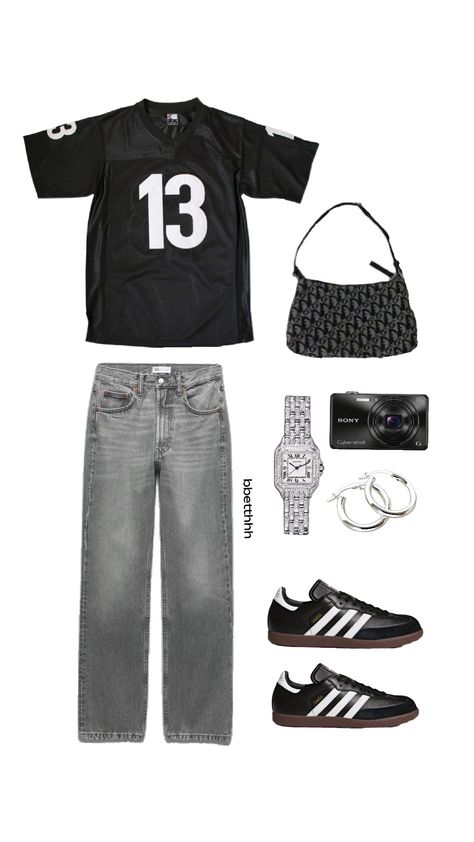 outfit inspo! #oversized #footballshirt #adidas #sambas #blackandwhite Black Adidas Sambas Outfits, Brown Sambas Outfits, Black And White Sambas Outfit, Outfits With Black Sambas, Samba Shoes Outfit, Black Samba Adidas Outfit, Black Adidas Samba Outfit, Black Samba Outfit, Black Sambas Outfit